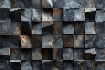 The image displays a geometric pattern of worn metal cubes with signs of wear and corrosion, projecting an industrial look