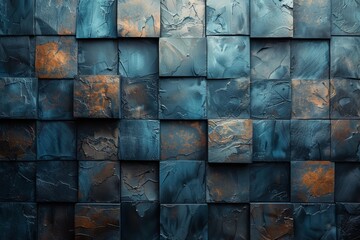 This image depicts a wall with a creative mix of blue and orange textures that evoke an abstract,...