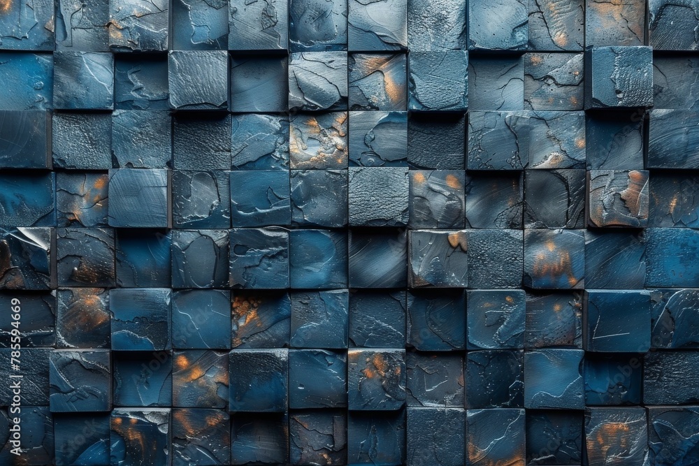 Poster featuring a 3d cubic pattern with blue textures and striking golden highlights creating a visual imp