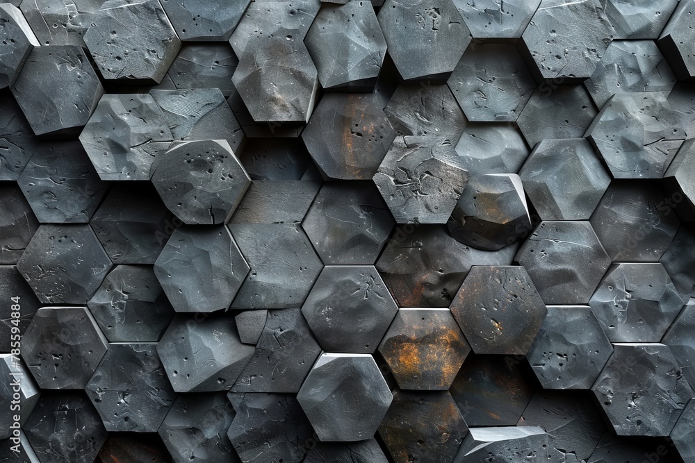 Poster an image featuring a detailed dark metallic hexagon pattern with selective rusty areas adding a grit