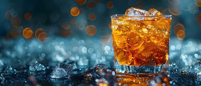 Glowing Amber Cocktail on Ice with Bokeh Background. Concept Cocktail Photography, Beverage Styling, Ice Drink Presentation, Bokeh Photography, Creative Food and Drink Shots