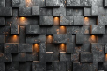 The striking geometric pattern features illuminated gold cracks against dark cubes creating depth and drama