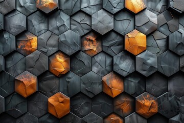 The image displays a geometric pattern with dark tones and vivid orange highlights adding a pop of color