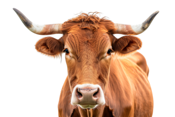 Portrait of a cow with horns isolated over transparent background