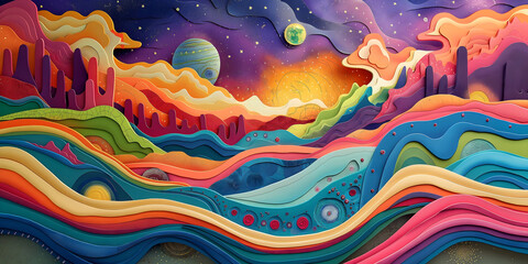 Fototapeta premium A mesmerizing composition of layered colors undulates like waves across a galactic landscape