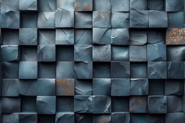 A close-up image portraying an intricate texture and color play across a wall made of monochromatic blue stone tiles with subtle rusty accents