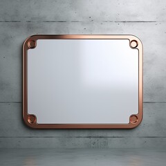 White large metal plate with rounded corners is mounted on the wall