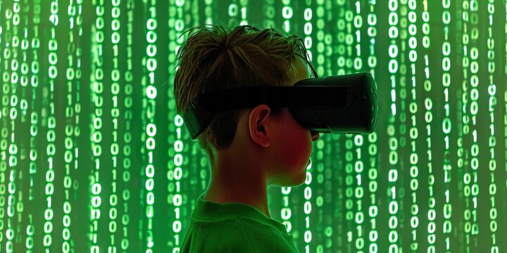 young boy with virtual reality headset on glowing green binary data