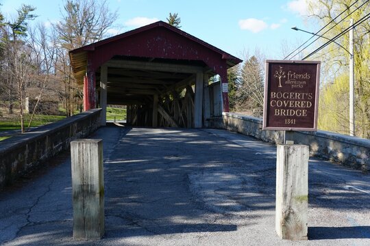 Allentown, Pennsylvania, U.S - March 30, 2024 - The sign by the entrance into the Bogert's Covered Bridge