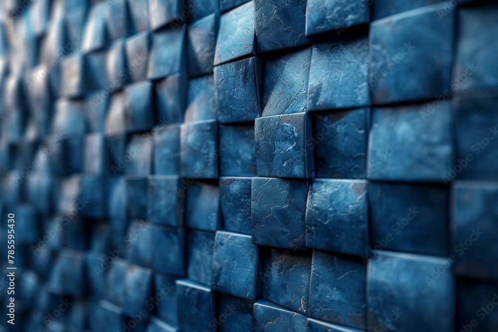 Poster a cool, monochromatic 3d pattern with varying shades of blue boxes creating a mesmerizing textured w