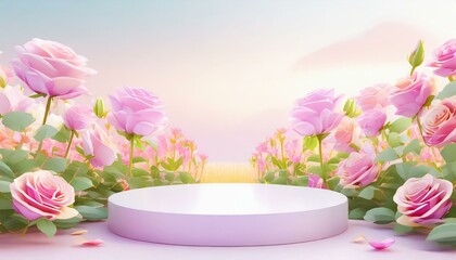 Abstract scene background. Cylinder podium on pink flowers background. Product presentation, mock up, show cosmetic product, Podium, stage pedestal or platform.