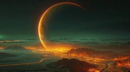   An artist's depiction of a far-off world with a circular ring in the mid-sky and mountains in the foreground - obrazy, fototapety, plakaty