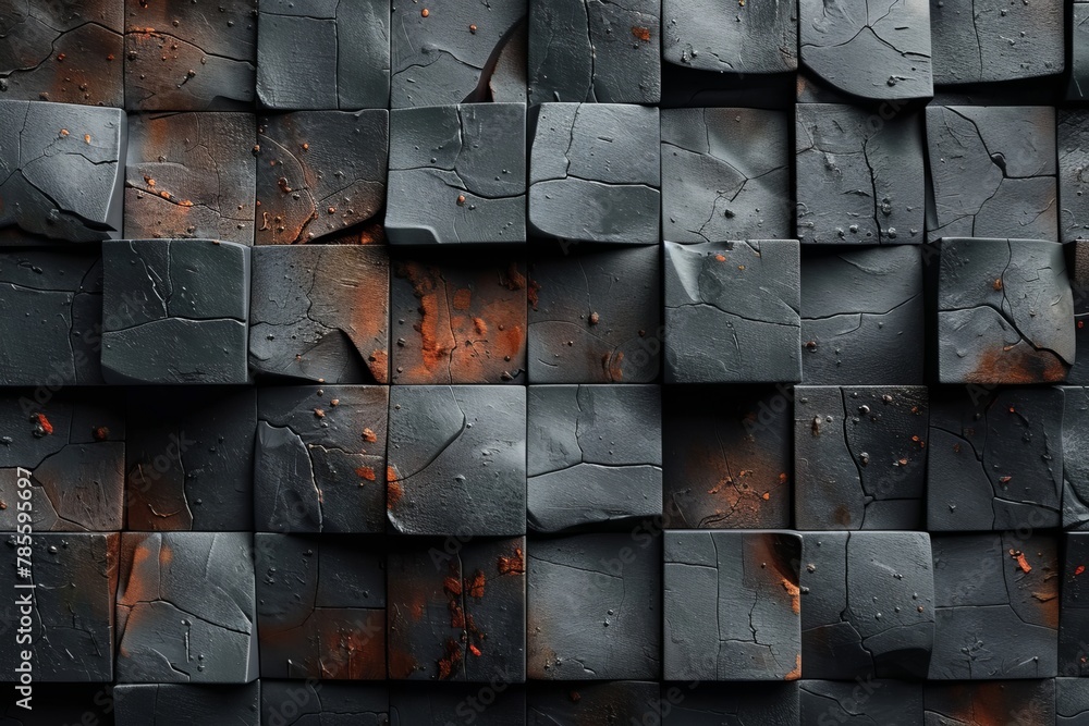Poster a close-up perspective of dark tiles with a unique texture and orange rust highlights that create an