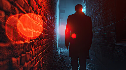 Stealthy Spy Black Suit Secret Agent On a mission to uncover a double agent in a dimly lit alleyway Nighttime 3D Render Silhouette Lighting Lens Flare - obrazy, fototapety, plakaty