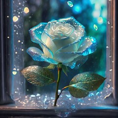 The most beautiful white rose in the world, on beautiful lace Ms.'s flowers made of transparent glass Enchanted glitter Transparent peridot stems, leaves and buds Passion Rain window Antique furniture