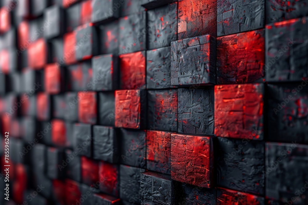 Poster a close-up view of a wall with textured red and black cubes providing a strong, tactile and visual c