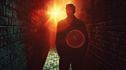 Stealthy Spy Black Suit Secret Agent On a mission to uncover a double agent in a dimly lit alleyway Nighttime 3D Render Silhouette Lighting Lens Flare