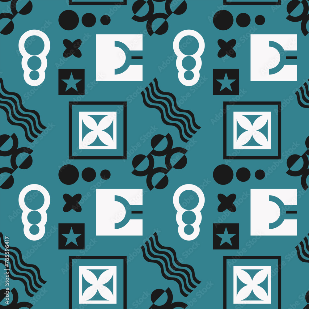 Aufkleber seamless pattern in bauhaus style with abstract geometric objects. blue-black-white palette. vector 
