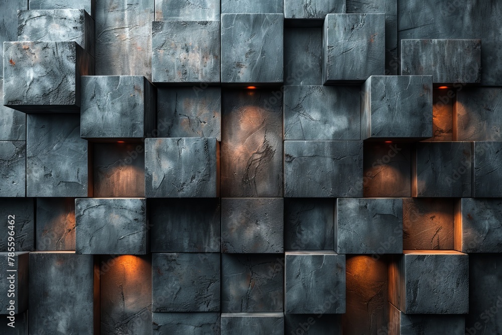 Poster metallic grey blocks artistically stacked with selective orange lighting creating a sense of depth a