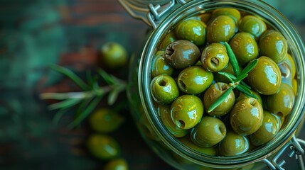   A glass jar, brimming with emerald green olives, rests atop a table Nearby, a fragrant sprig of rosemary stands ready - obrazy, fototapety, plakaty