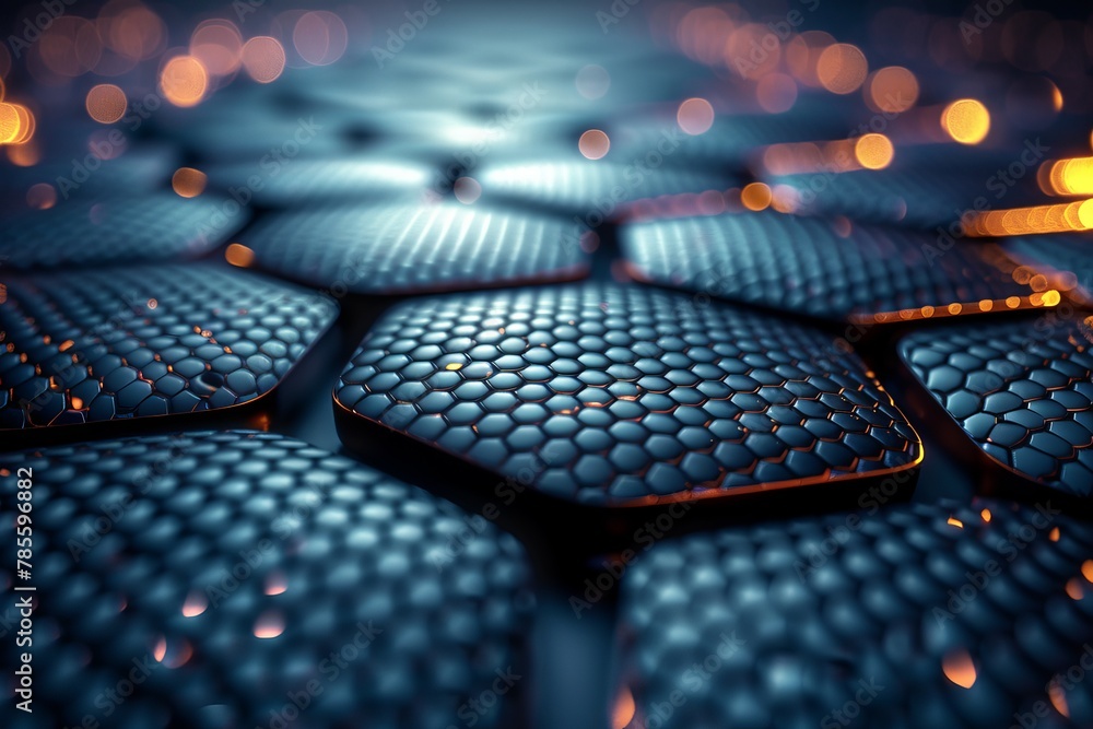 Poster a visually stunning hexagonal pattern with warm orange illumination gives a sense of futuristic dept