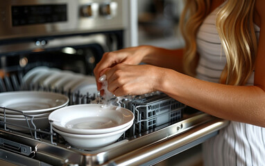 Woman using dishwasher in modern kitchen