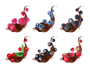 Set of various berries in chocolate splashes isolated on a white background