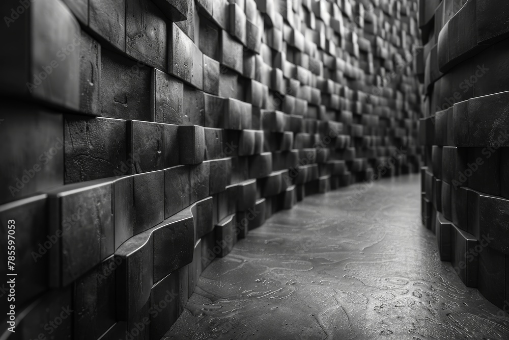 Poster a perspective view of a dark hallway lined with geometric blocks that create an eerie and mysterious
