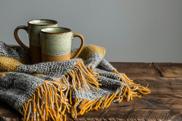 A closeup of the blanket in the colors of sage green, mustard and grey with fringes on an oak table next to coffee cups against a grey background.