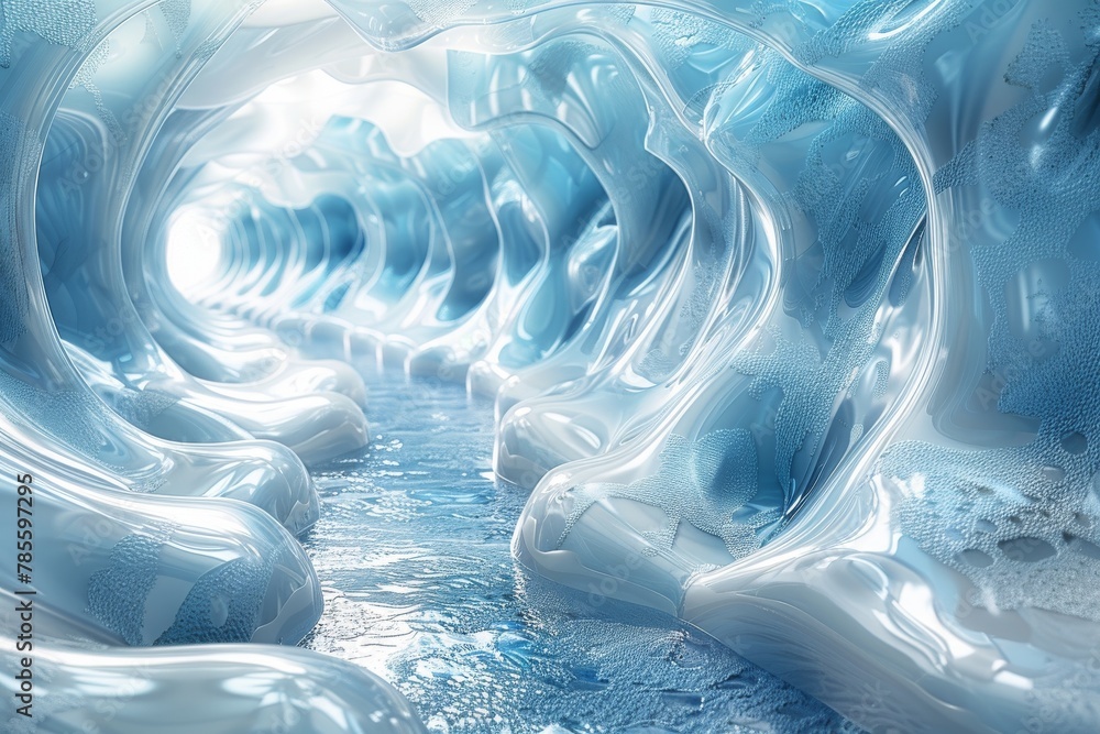 Aufkleber this image features a digital representation of an abstract icy tunnel with reflective blue surfaces