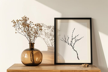 A brown glass vase with dried flowers stands on the dresser, next to it is an ink drawing of winter trees branches in a black frame with a white background. White walls, soft daylight.