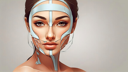 Young woman applying tape lifting treatment procedure on face illustration. Beauty salon, facelift, cosmetology, makeup, fashion, youth, skin care - obrazy, fototapety, plakaty
