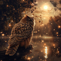 The Wise Owl Ancient Feathers ancient wisdom embodied contemplating reality by a moonlit lake starry sky digital painting golden