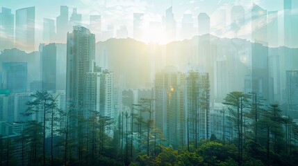 Double exposure cityscape of urban downtown with green summer forest landscape