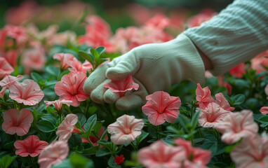 Gloved hand gently picks pink flower from bed of pink flowers.