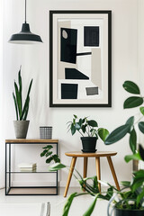 A bright room with a vertical poster in a black frame hanging on a white wall, a black pendant lamp above a metal table, a wooden stool, and many potted houseplants.