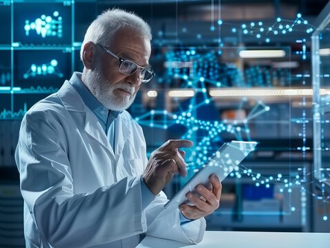 A senior male research scientist is depicted using a tablet computer in a modern high-tech laboratory setting, engaged in genetics and pharmaceutical studies and research
