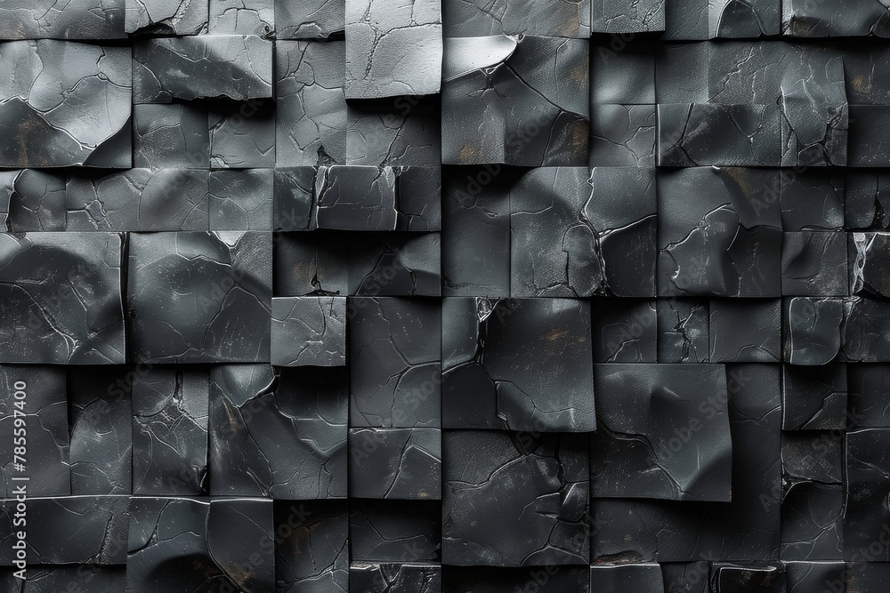 Poster an intriguing image showcasing a fragmented black stone surface with a unique, rough texture creatin