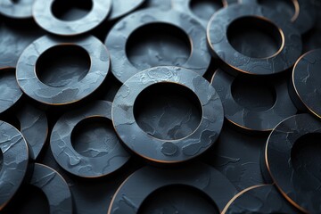 The image presents an arrangement of circular rings with orange accents on a dark, textured background - obrazy, fototapety, plakaty