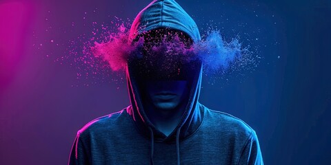 A hooded and masked figure with colorful pink and blue smoke bursting from his face