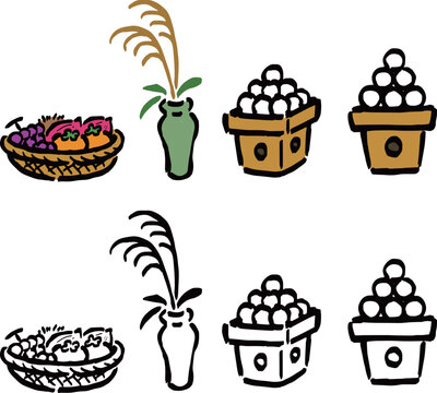 お月見のお供え（ススキ・月見団子・季節の野菜や果物）のイラストと線画セット