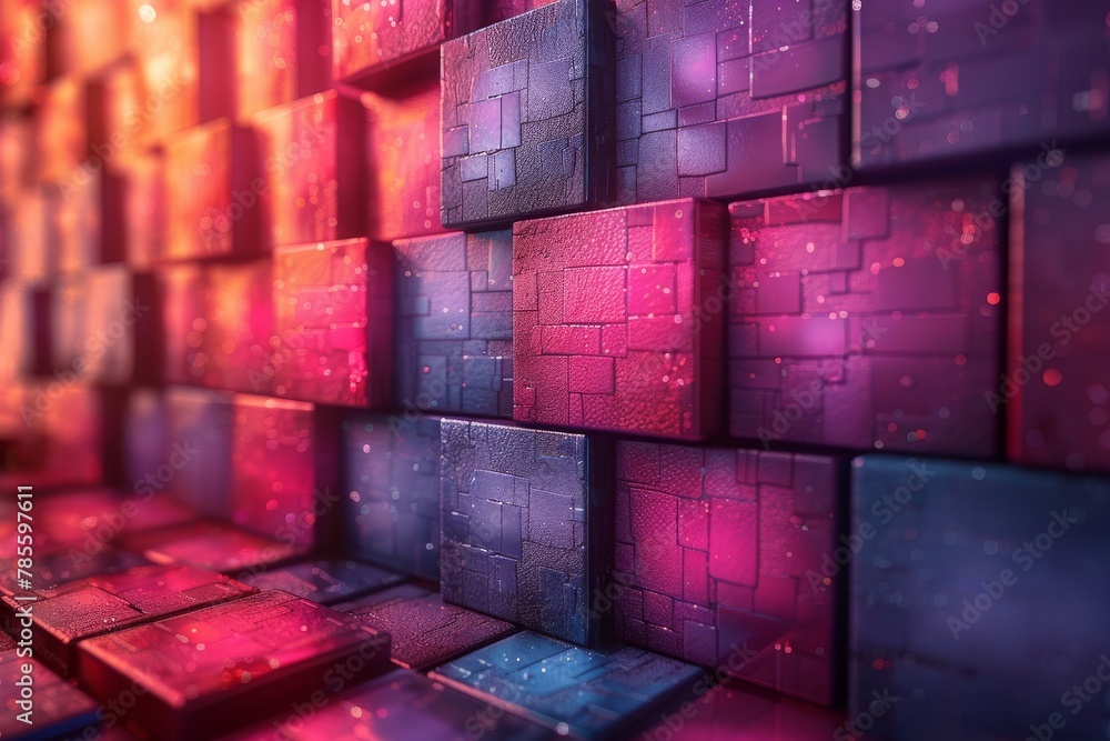 Poster a captivating arrangement of luminous cubes in red and blue hues creating a rhythmical and dynamic p