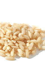A top view of raw brown and white rice, forming a heap. The integral, uncooked grains highlight...