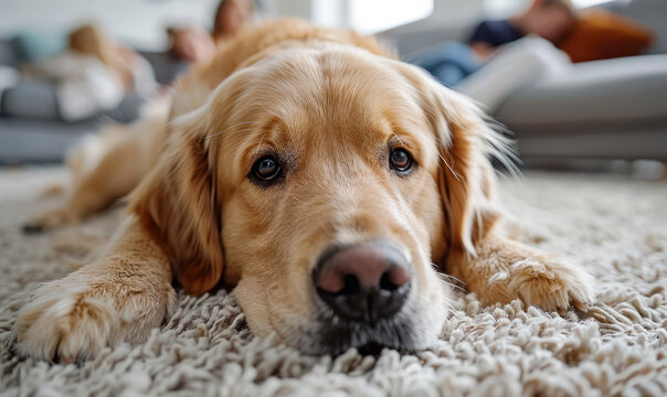 Close up of golden retriever lying on the floor