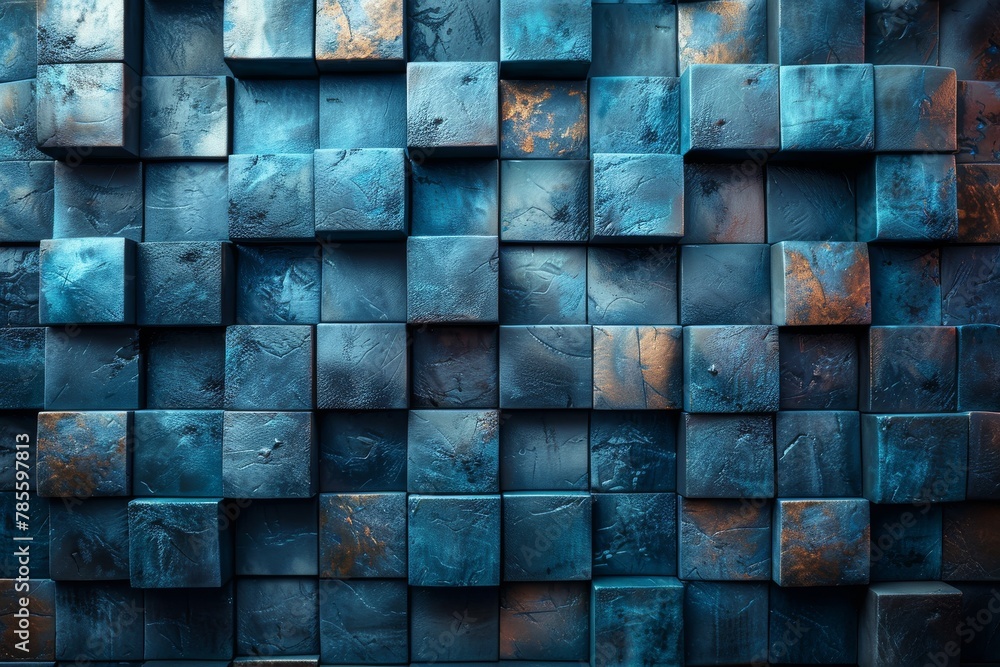 Poster saturated image accentuating the contrast between blue and rusty textures on geometric cubes with a 