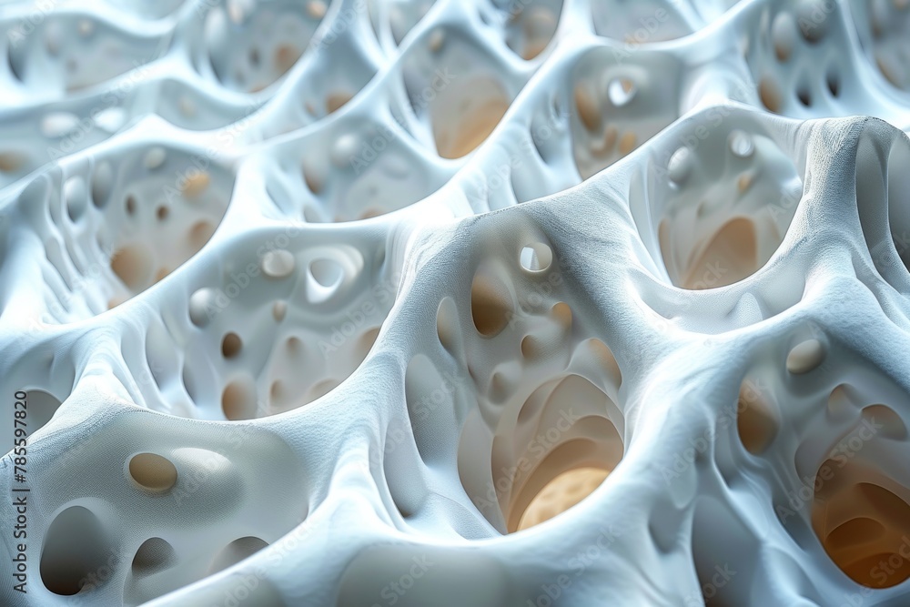 Poster the image features a detailed 3d rendering of an organic porous structure with a white and beige col