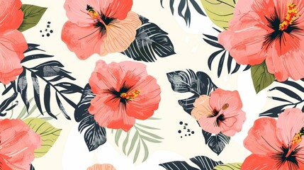 Vibrant Hibiscus Floral Pattern in Childish, Organic Shapes Generative AI