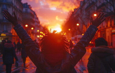 Fototapeta na wymiar Woman raises her arms in the air as the sun sets on city street