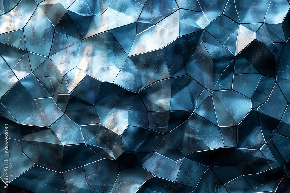Poster image showcases a multifaceted blue reflective surface with an intricate polygonal pattern and textu