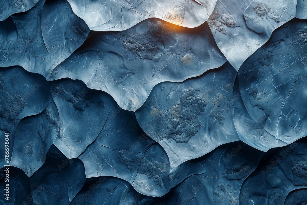 Poster a high-quality image displaying a natural blue stone surface undulating in a wave-like pattern with 